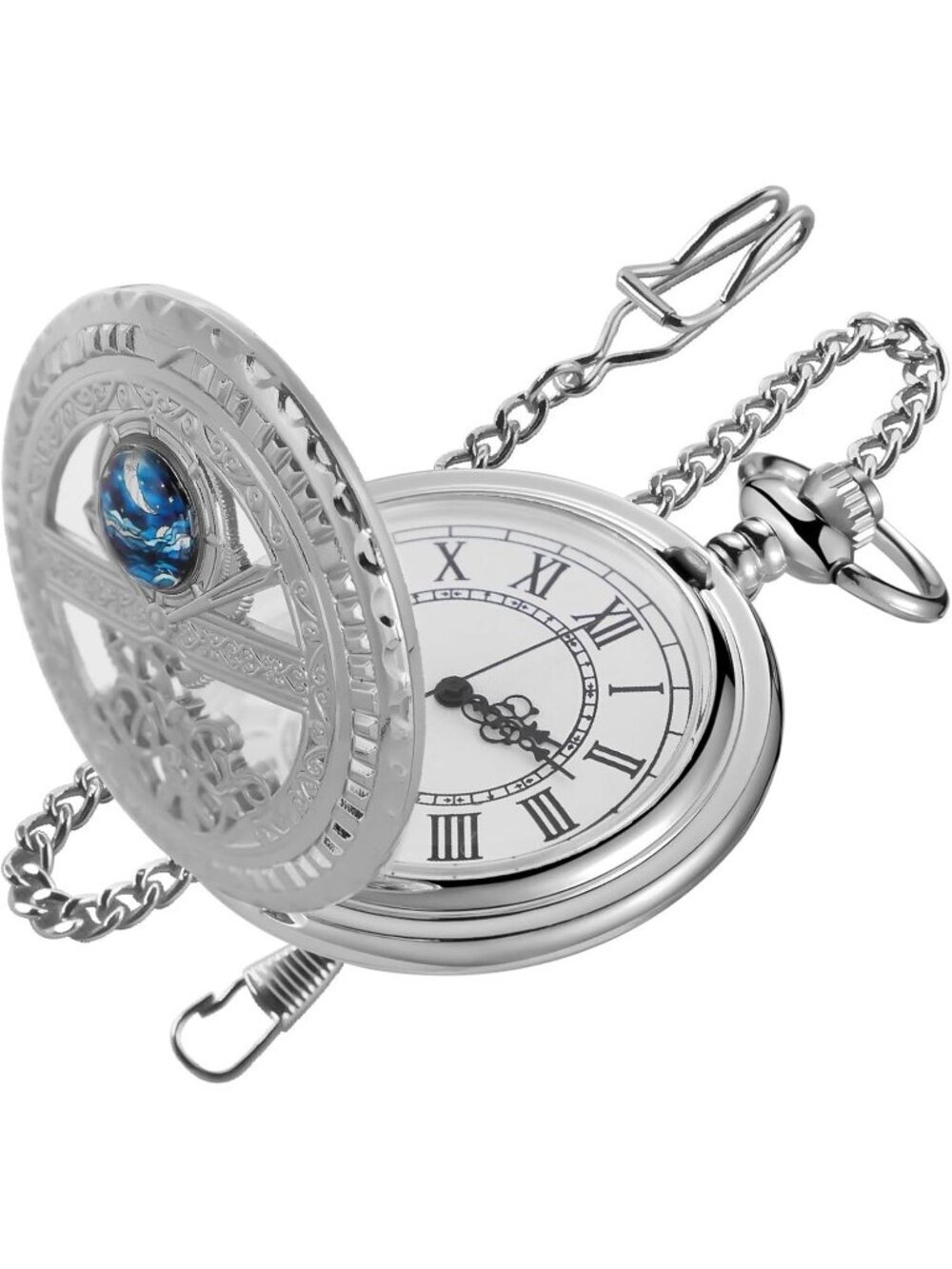 Men's Silver Analog Quartz Arabic Numeral Moon Phase Chain Dial Pocket Watch